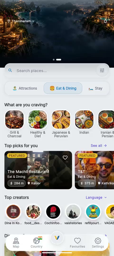 The Vlogfied app’s home screen, with a search box, categories to browse and top picks nearby