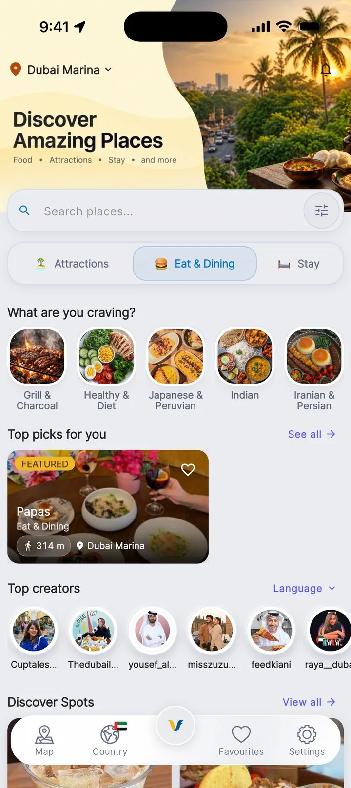 The Vlogfied app’s home screen, with a search box, categories to browse and top picks nearby