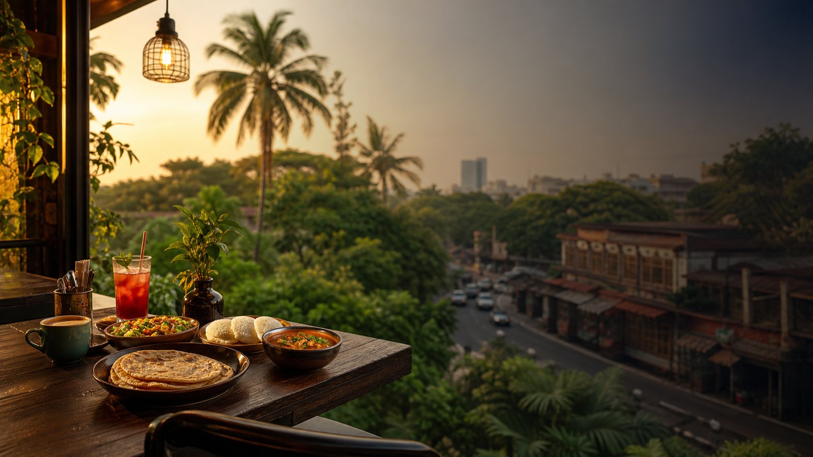 A terrace table set with food, looking out over palm trees at sunset